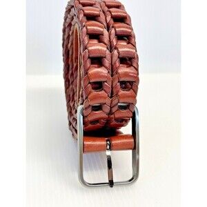 Brown‎ Leather Braided Belt Silver Rectangle Buckle Sz. 48"